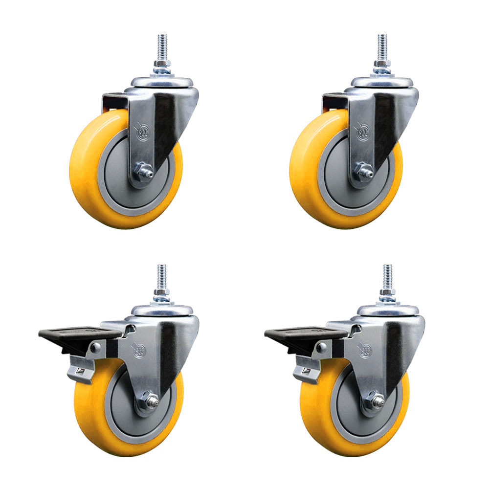SCC-TS20S414-PPUB-YEL-381615-2-PLB-2 Polyurethane Swivel Threaded Stem Caster with 4 x 1.25 in. Yellow Wheels & 0.38 in. Stems - Set of 4