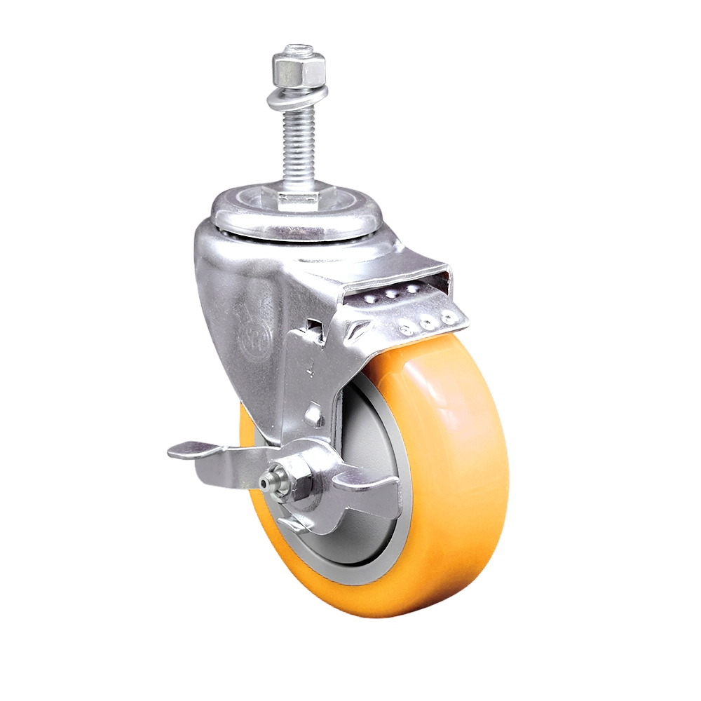 SCC-TS20S414-PPUB-YEL-TLB-381615 Polyurethane Swivel Threaded Stem Caster with 4 x 1.25 in. Yellow Wheel & 0.38 in. Stem & Top Locking Brake