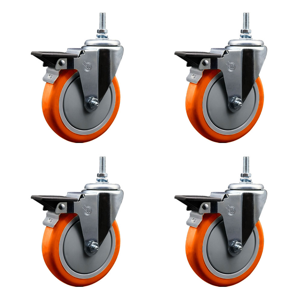 SCC-TS20S514-PPUB-ORG-PLB-M1215-4 Polyurethane Swivel Threaded Stem Caster with 5 x 1.25 in. Orange Wheels & 12 mm Stems - Set of 4