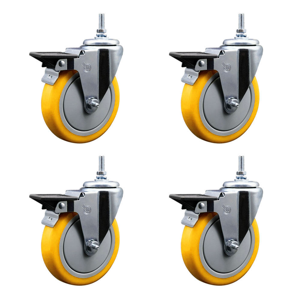 SCC-TS20S514-PPUB-YEL-PLB-381615-4 Polyurethane Swivel Threaded Stem Caster with 5 x 1.25 in. Yellow Wheels & 0.38 in. Stems - Set of 4