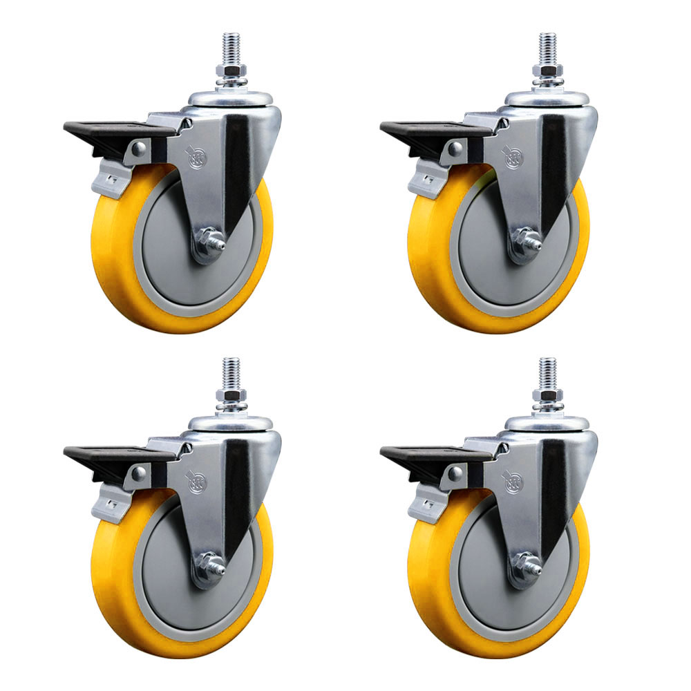 SCC-TS20S514-PPUB-YEL-PLB-M1015-4 Polyurethane Swivel Threaded Stem Caster with 5 x 1.25 in. Yellow Wheels & 10 mm Stems - Set of 4