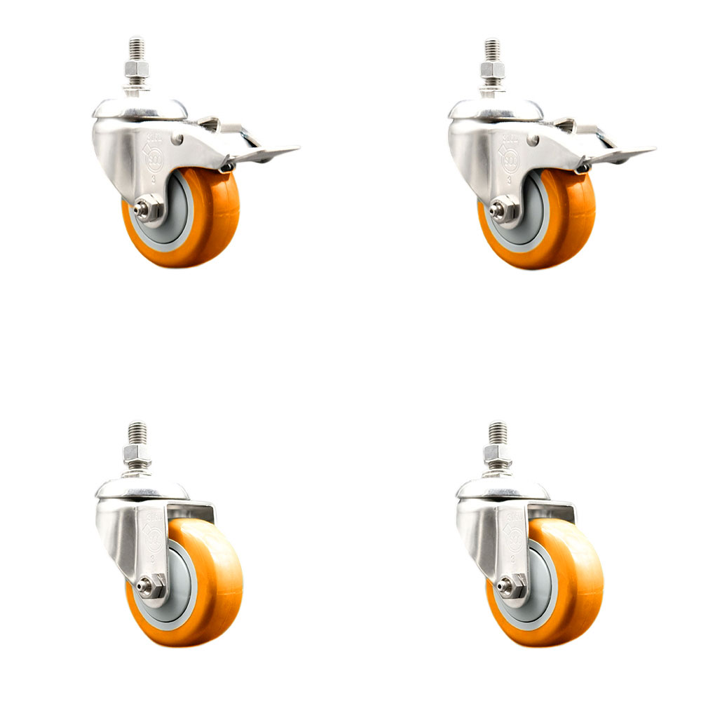 Poly Swivel Stem Caster with 3.5 in. Orange Caster Wheels, 0.38 in. Threaded Stems - 316 Stainless Steel Casters - Set of 4