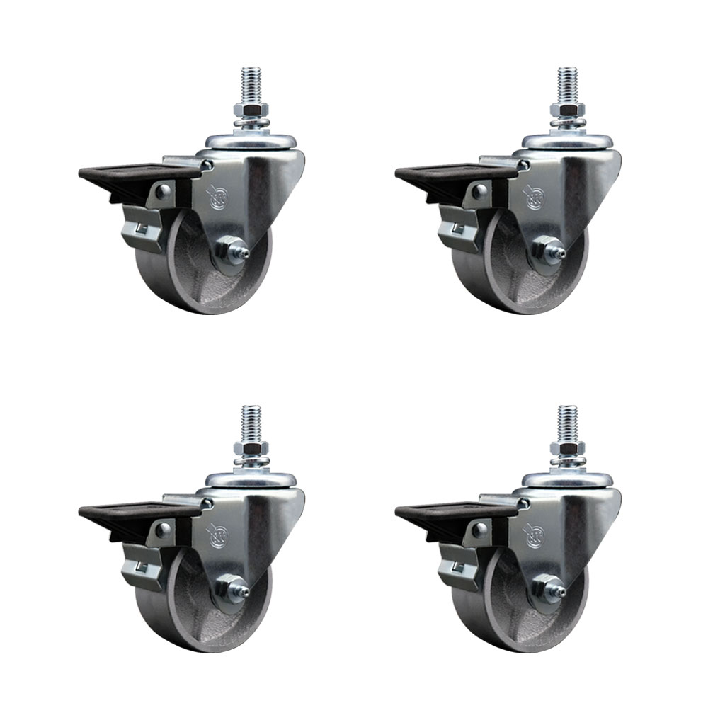 Semi Steel Cast Iron Swivel Threaded Stem Caster with Roller Bearing, 3 x 1.5 in. Silver Wheels & 0.75 in. Stems - Set of 4