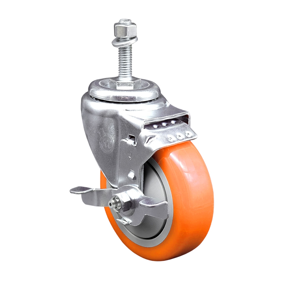 Stainless Steel Polyurethane Swivel Threaded Stem Caster with 4 x 1.25 in. Orange Wheel & 10 mm Stem & Top Locking Brake