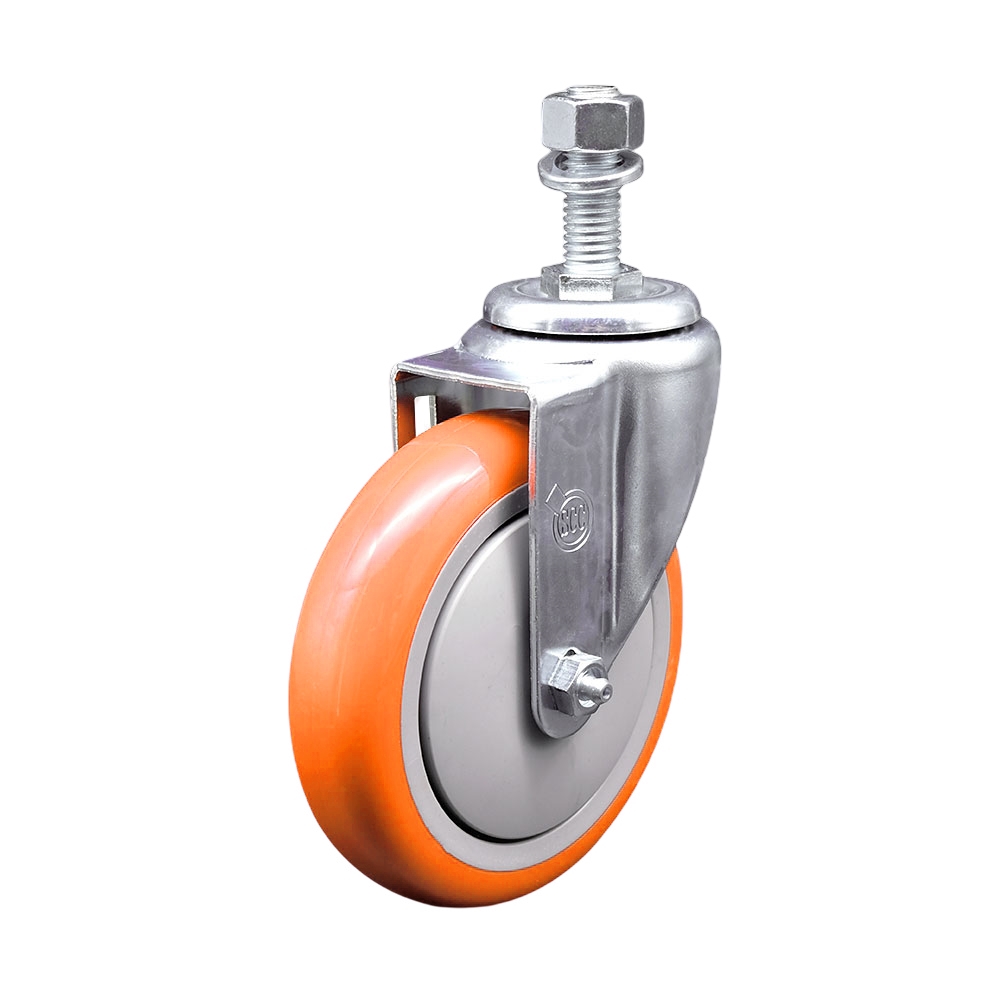 SCC-SSTS20S514-PPUB-ORG-M1215 Stainless Steel Polyurethane Swivel Threaded Stem Caster with 5 x 1.25 in. Orange Wheel & 12 mm Stem