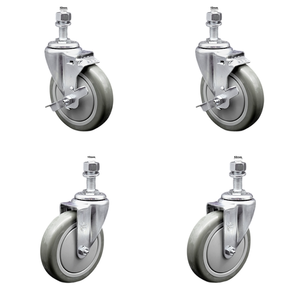 Stainless Steel Polyurethane Swivel Threaded Stem Caster with 5 x 1.25 in. Orange Wheels & 12 mm Stems - Set of 4