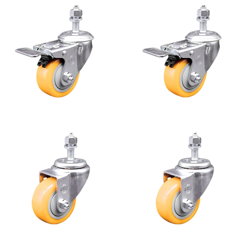 Stainless Steel Polyurethane Swivel Threaded Stem Caster with 3 x 1.25 in. Yellow Wheels & 0.5 in. Stems - Set of 4