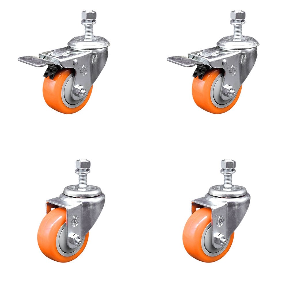 Stainless Steel Polyurethane Swivel Threaded Stem Caster with 3.5 x 1.25 in. Orange Wheels & 0.5 in. Stems - Set of 4