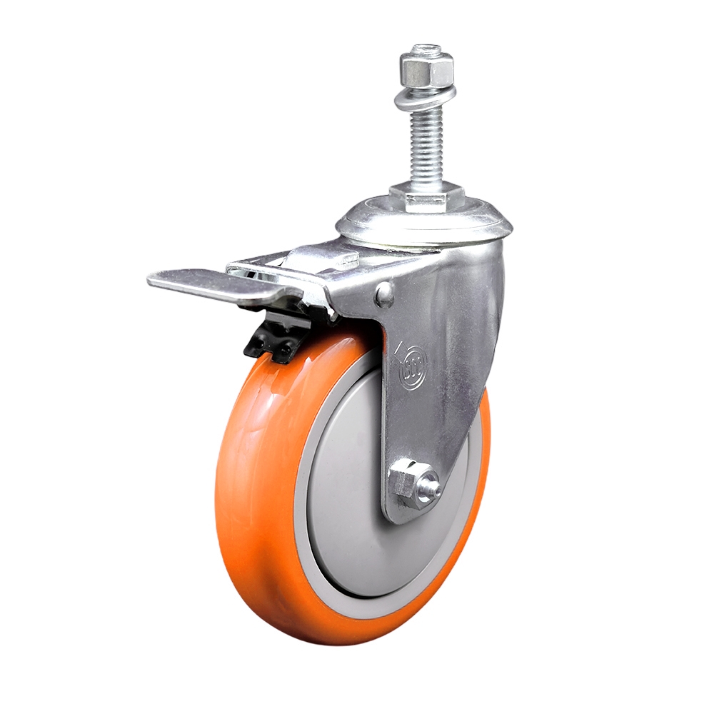 Stainless Steel Polyurethane Swivel Threaded Stem Caster with 5 x 1.25 in. Orange Wheel & 10 mm Stem & Total Locking Brake