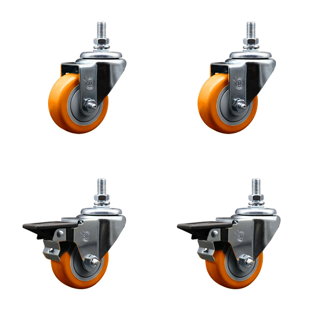 SCC-TS20S314-PPUB-ORG-121315-2-PLB-2 Polyurethane Swivel Threaded Stem Caster with 3 x 1.25 in. Orange Wheels & 0.5 in. Stems - Set of 4
