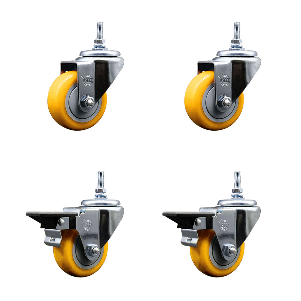 SCC-TS20S314-PPUB-YEL-381615-2-PLB-2 Polyurethane Swivel Threaded Stem Caster with 3 x 1.25 in. Yellow Wheels & 0.38 in. Stems - Set of 4