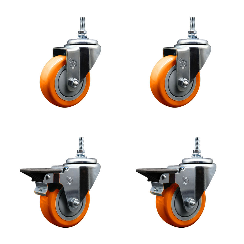 SCC-TS20S3514-PPUBORG-381615-2-PLB-2 Polyurethane Swivel Threaded Stem Caster with 3.5 x 1.25 in. Orange Wheels & 0.38 in. Stems - Set of 4