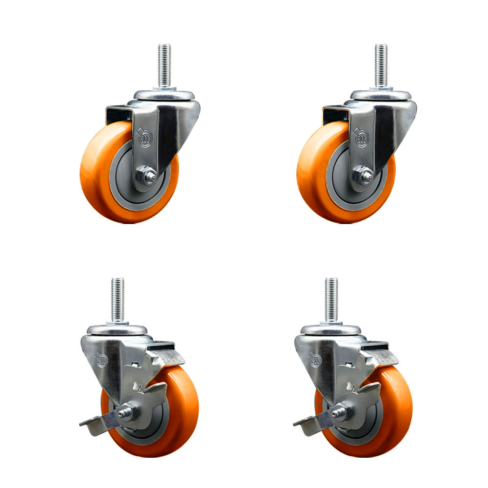 SCC-TS20S3514-PPUB-ORG-58212-2-TLB-2 Polyurethane Swivel Threaded Stem Caster with 3.5 x 1.25 in. Orange Wheels & 0.63 in. Stems - Set of 4