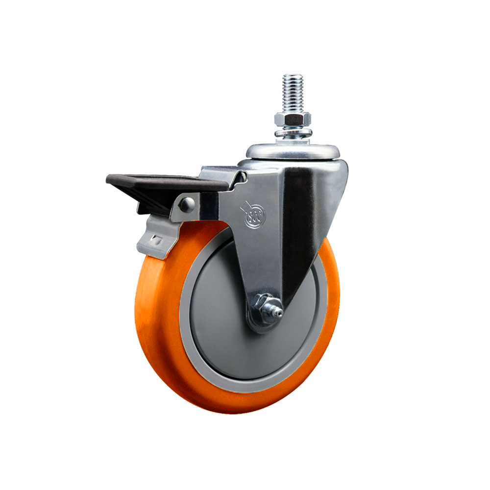 SCC-TS20S514-PPUB-ORG-PLB-121315 Polyurethane Swivel Threaded Stem Caster with 5 x 1.25 in. Orange Wheel & 0.5 in. Stem & Posi Locking Brake