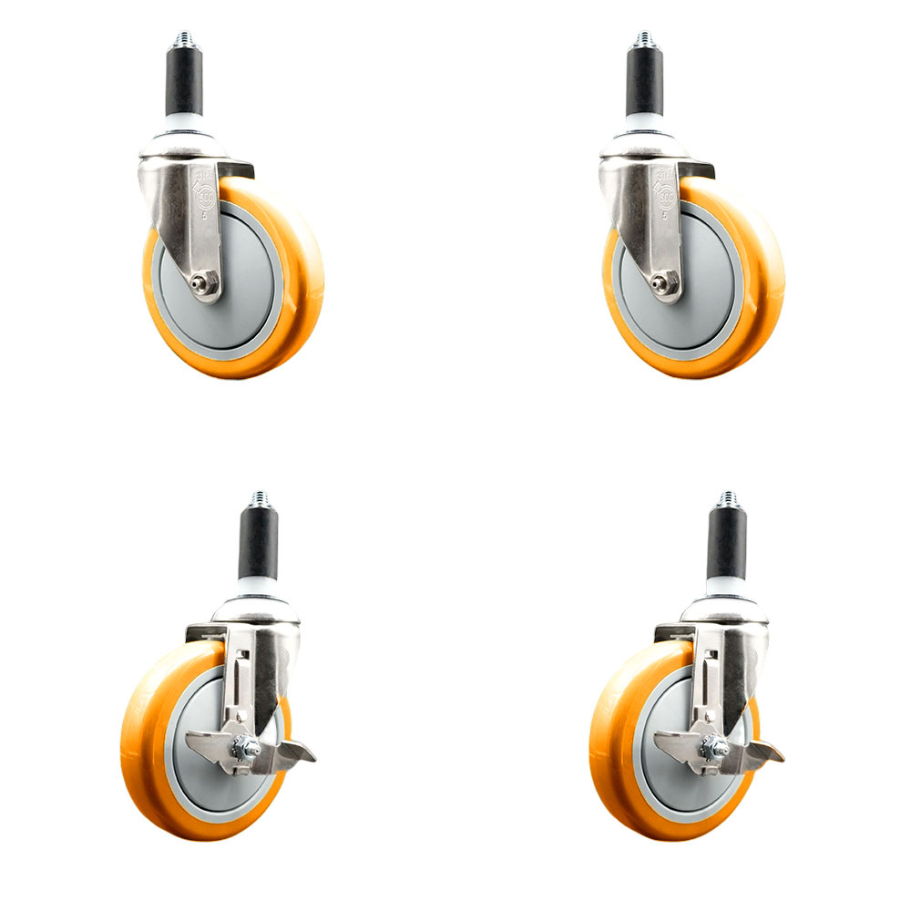 Polyurethane Swivel Stem Caster with 5 in. Orange Caster Wheels, 1.25 in. Expanding Stems - 316 Stainless Steel Casters - Set of 4