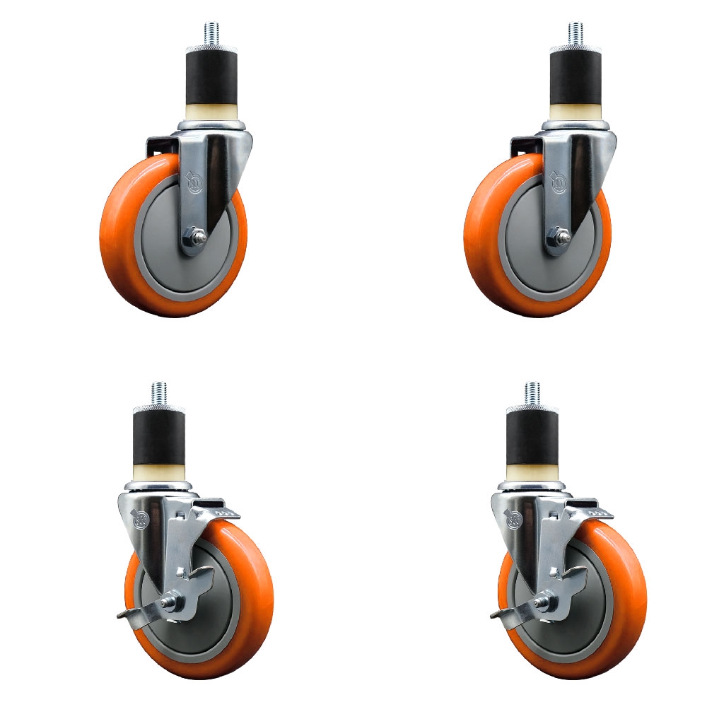 Polyurethane Swivel Stem Caster with 5 in. Orange Caster Wheels, 1.87 in. Expanding Stems - 316 Stainless Steel Casters - Set of 4