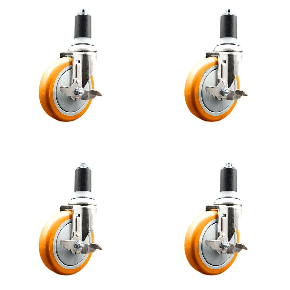 Polyurethane Swivel Stem Caster with 5 in. Orange Caster Wheels, 1.5 in. Expanding Stems - 316 Stainless Steel Casters - Set of 4