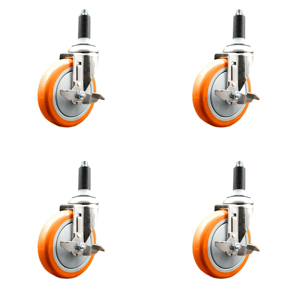 Polyurethane Swivel Stem Caster with 5 in. Orange Caster Wheels, 1.13 in. Expanding Stems - 316 Stainless Steel Casters - Set of 4