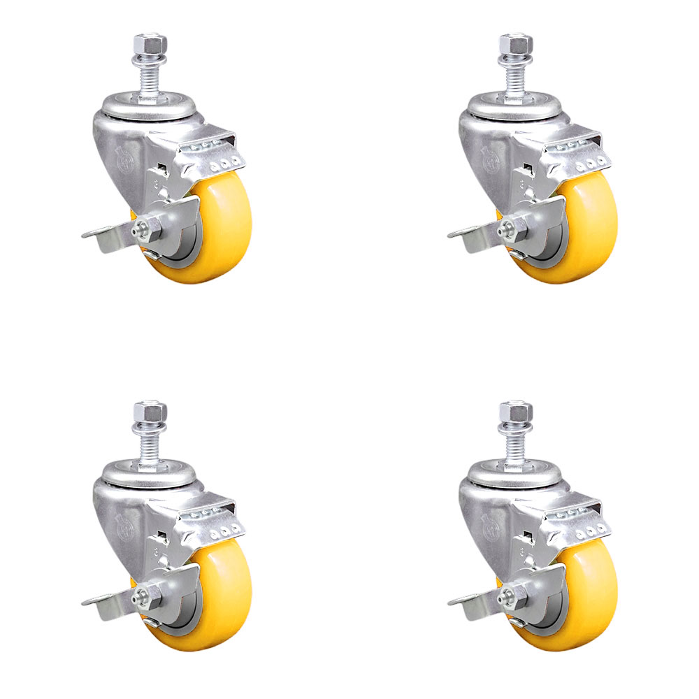 Polyurethane Swivel Stem Caster with 3 in. Yellow Caster Wheels, 0.5 in. Threaded Stems - 316 Stainless Steel Casters - Set of 4
