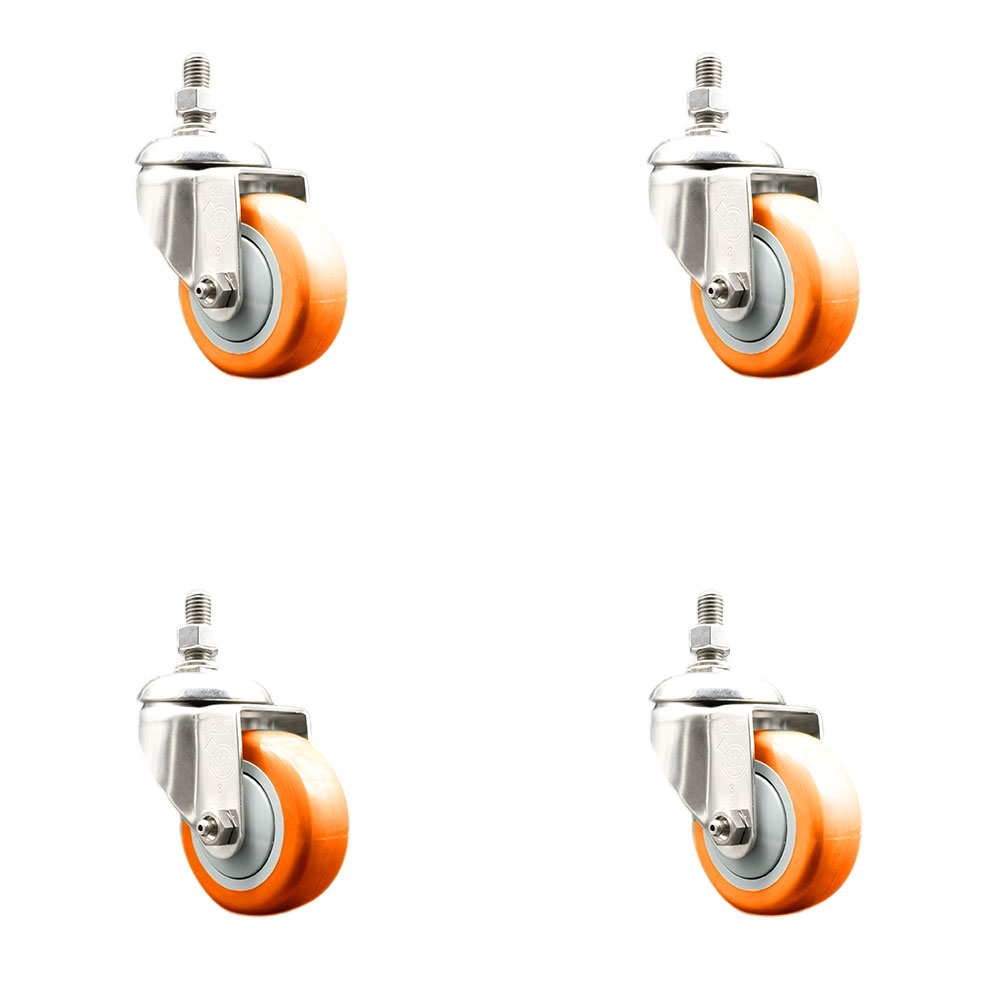 Polyurethane Swivel Stem Caster with 3.5 in. Orange Caster Wheels, 0.5 in. Threaded Stems - 316 Stainless Steel Casters - Set of 4