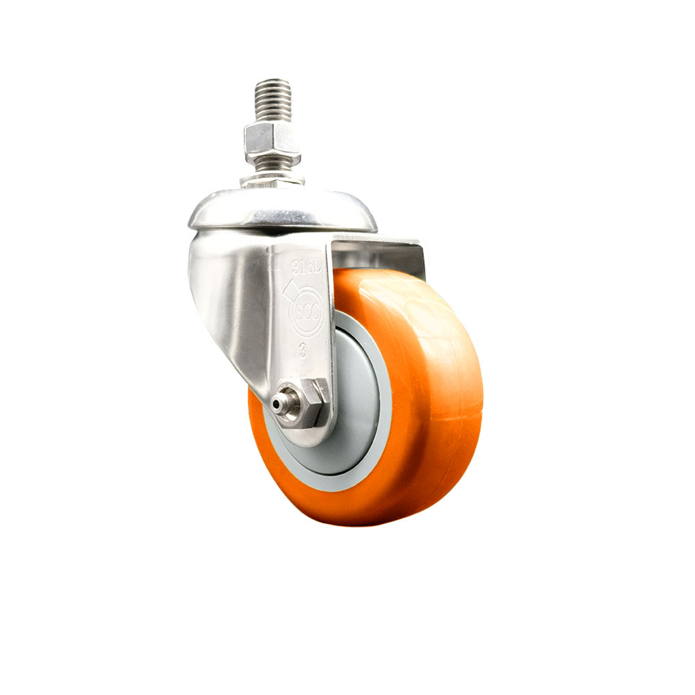 Polyurethane Swivel Stem Caster with 3.5 in. Orange Caster Wheels, 0.38 in. Threaded Stem - 316 Stainless Steel Caster