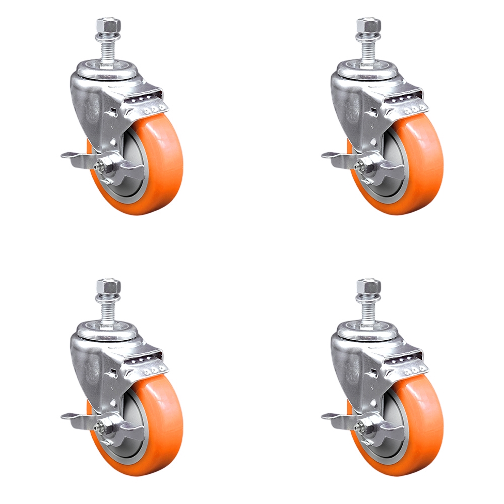 Polyurethane Swivel Stem Caster with 4 in. Orange Caster Wheels, 0.5 in. Threaded Stems - 316 Stainless Steel Casters - Set of 4