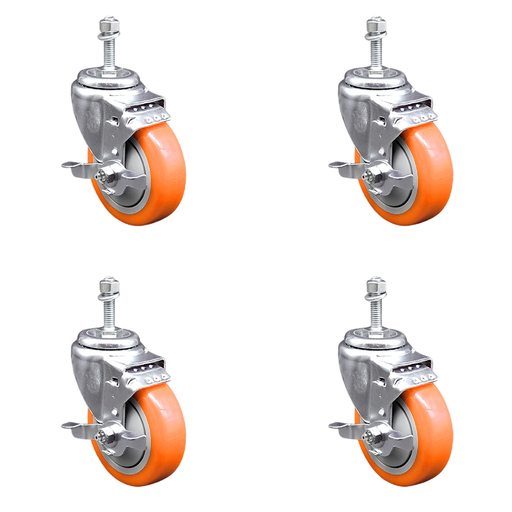 Polyurethane Swivel Stem Caster with 4 in. Orange Caster Wheels, 0.38 in. Threaded Stems - 316 Stainless Steel Casters - Set of 4