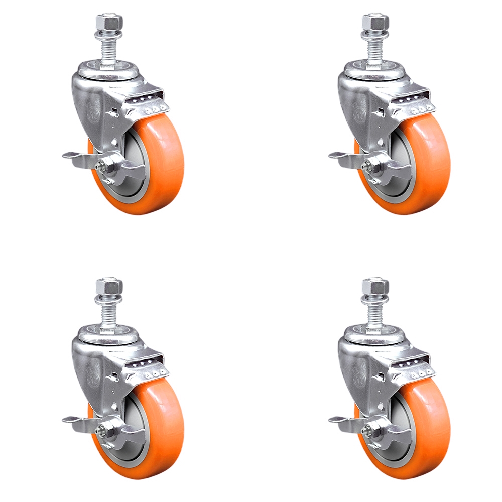 Polyurethane Swivel Stem Caster with 4 in. Orange Caster Wheels, 12 mm Threaded Stems - 316 Stainless Steel Casters - Set of 4