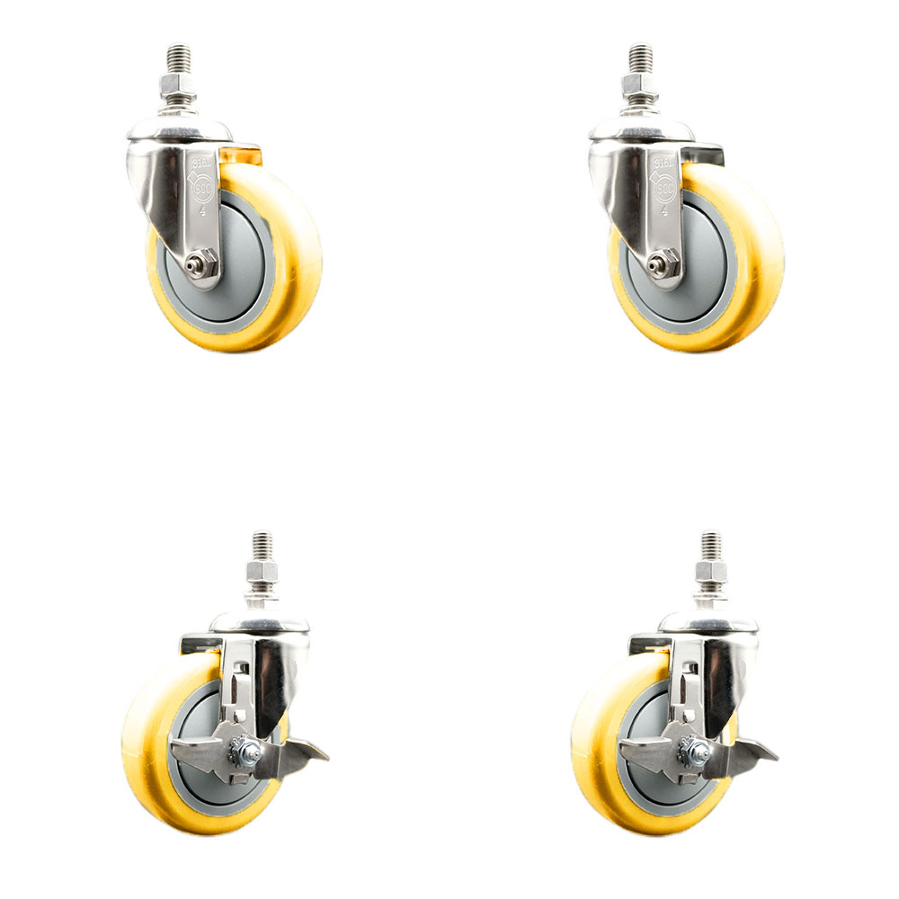 Poly Swivel Stem Caster with 4 in. Yellow Caster Wheels, 0.38 in. Threaded Stems - 316 Stainless Steel Casters - Set of 4