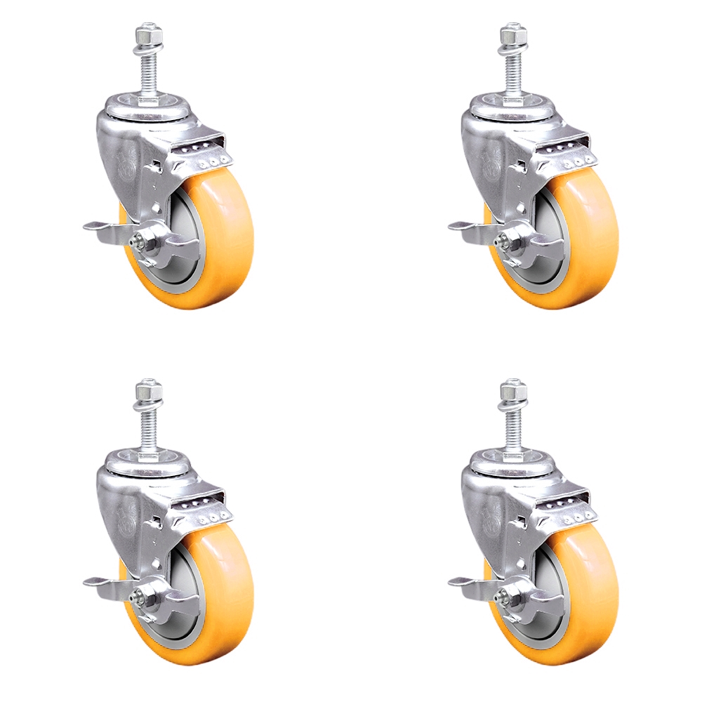 Polyurethane Swivel Stem Caster with 4 in. Yellow Caster Wheels, 10 mm Threaded Stems - 316 Stainless Steel Casters - Set of 4