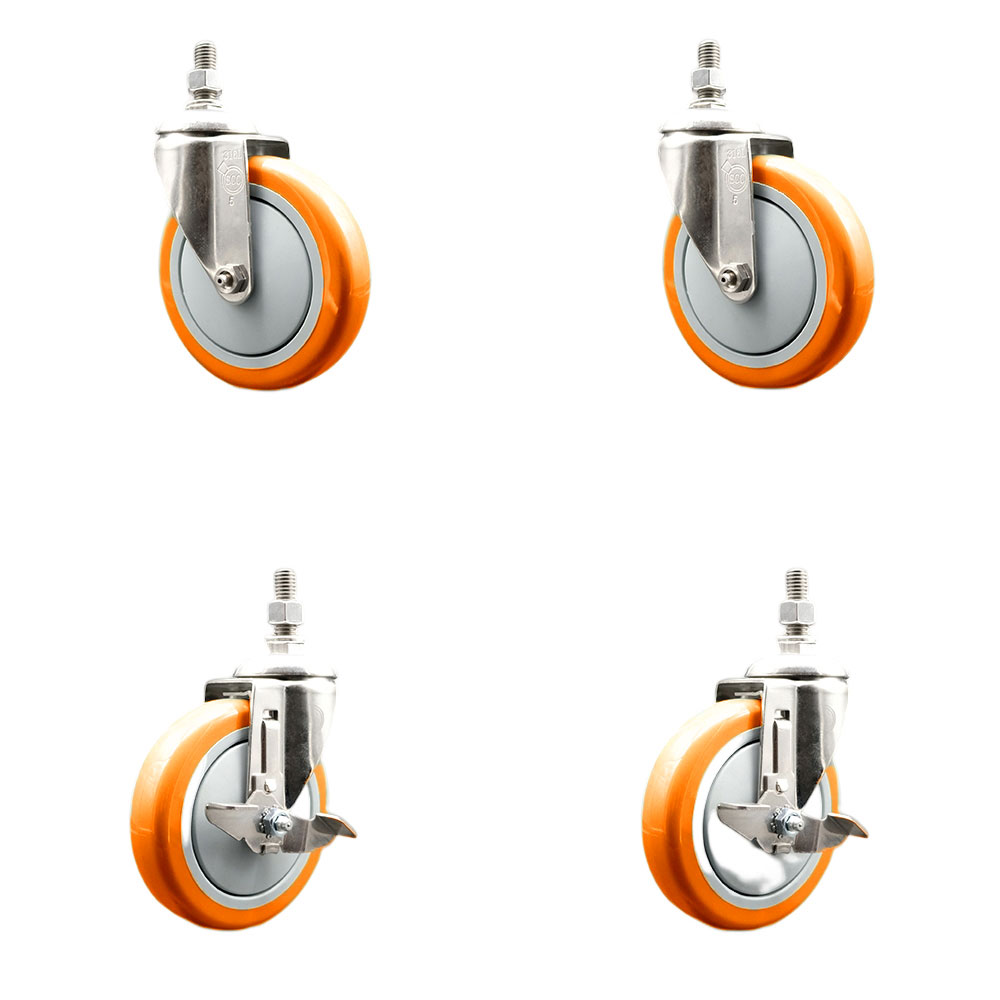 Poly Swivel Stem Caster with 5 in. Orange Caster Wheels, 0.38 in. Threaded Stems - 316 Stainless Steel Casters - Set of 4