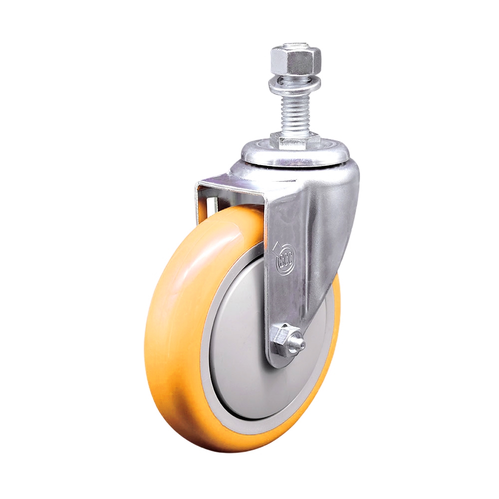 Polyurethane Swivel Stem Caster with 5 in. Yellow Caster Wheels, 12 mm Threaded Stem - 316 Stainless Steel Caster