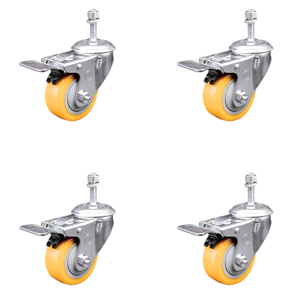 Polyurethane Swivel Stem Caster with 3.5 in. Yellow Caster Wheels, 10 mm Threaded Stems - 316 Stainless Steel Casters - Set of 4