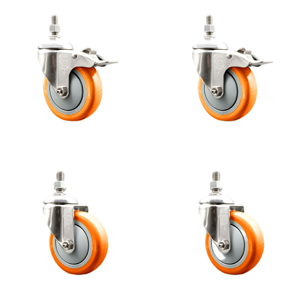 Poly Swivel Stem Caster with 4 in. Orange Caster Wheels, 0.5 in. Threaded Stems - 316 Stainless Steel Casters - Set of 4