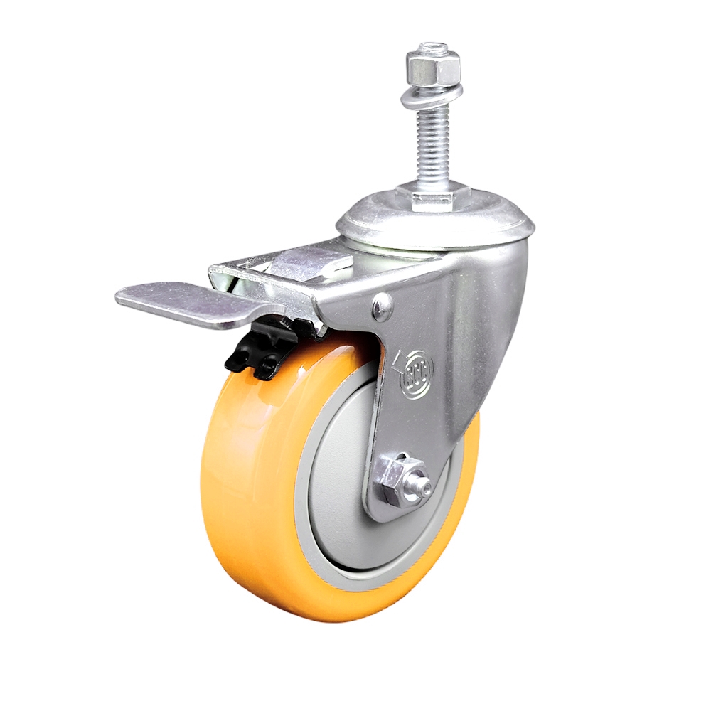 Polyurethane Swivel Stem Caster with 4 in. Yellow Caster Wheels & Total Lock Brake, 0.38 in. Threaded Stem - 316 Stainless Steel Caster