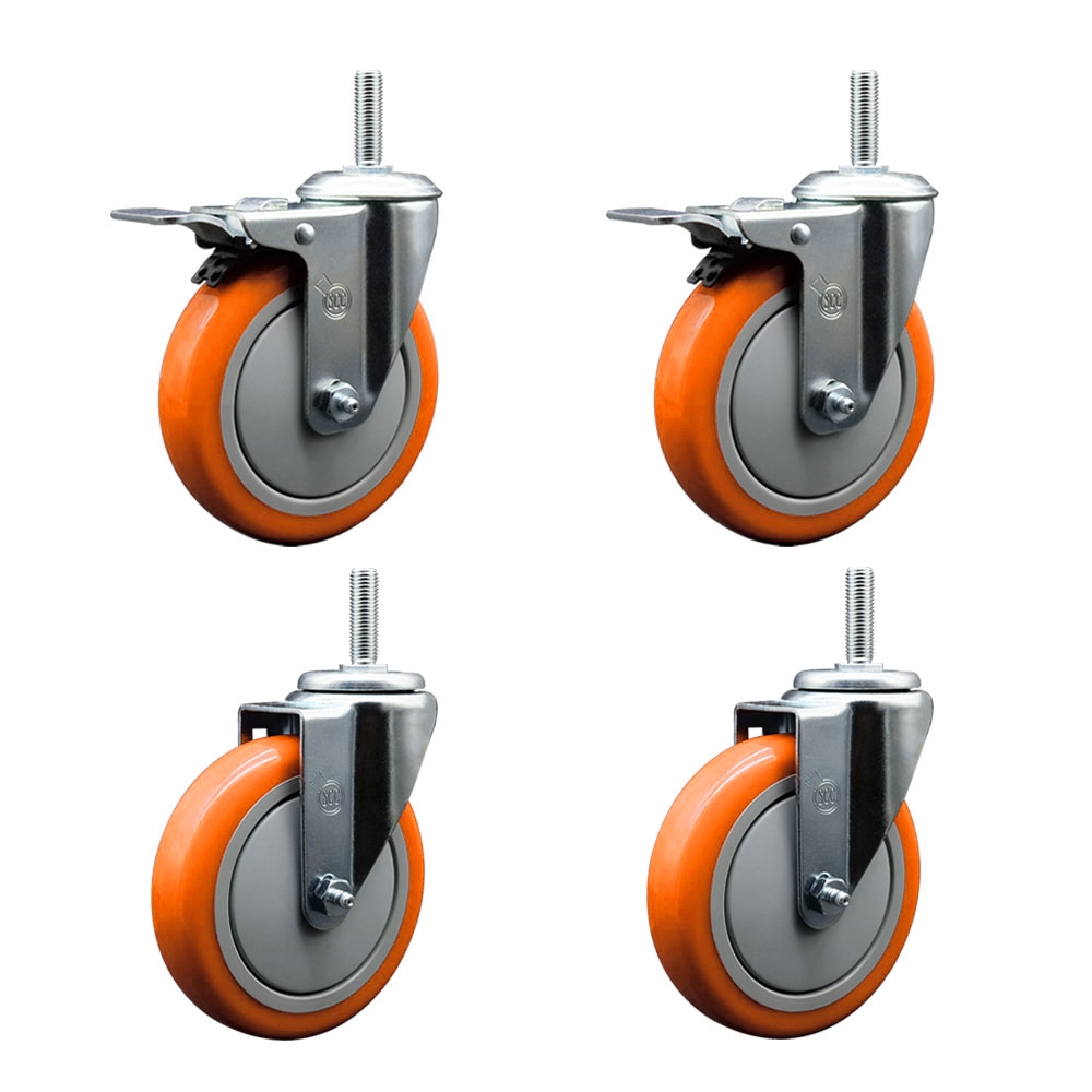SCC-TSTTL20S514-PPUB-ORG-58212-2-S-2 Polyurethane Swivel Threaded Stem Caster with 5 x 1.25 in. Orange Wheels & 0.63 in. Stems - Set of 4