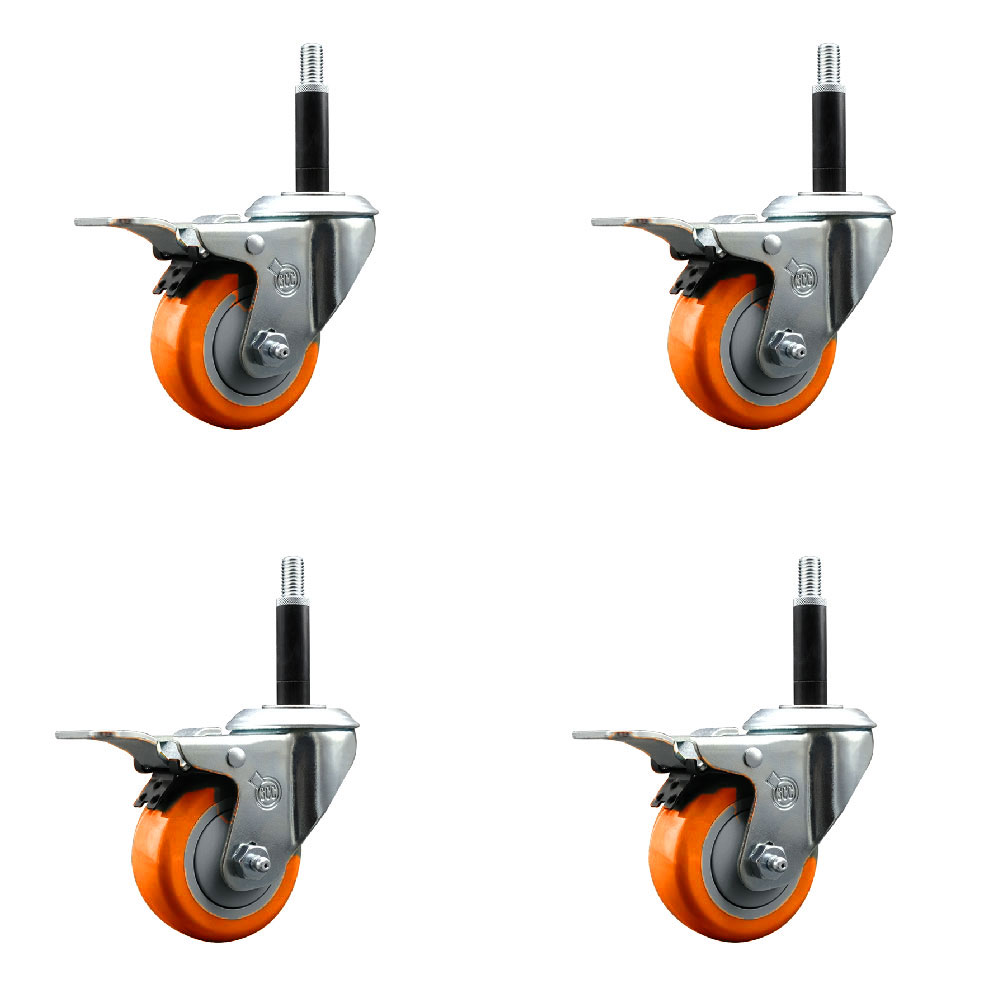 SCC-SSEXTTL20S314-PPUB-ORG-34-4 Stainless Steel Polyurethane Swivel Expanding Stem Caster with 3 in. Orange Wheels & 0.75 in. Stems - Set of 4