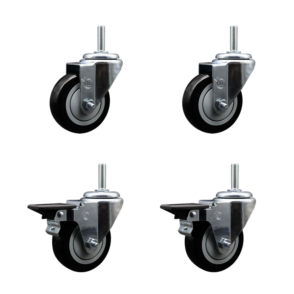 SCC-TS20S3514-PPUB-BLK-58212-2-PLB-2 Polyurethane Swivel Threaded Stem Caster with 3.5 x 1.25 in. Black Wheels & 0.63 in. Stems - Set of 4