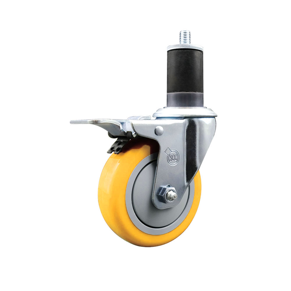 Stainless Steel Polyurethane Expanding Stem Swivel Caster with 4 in. Yellow Wheel & 1.63 in. Stem & Total Locking Brake