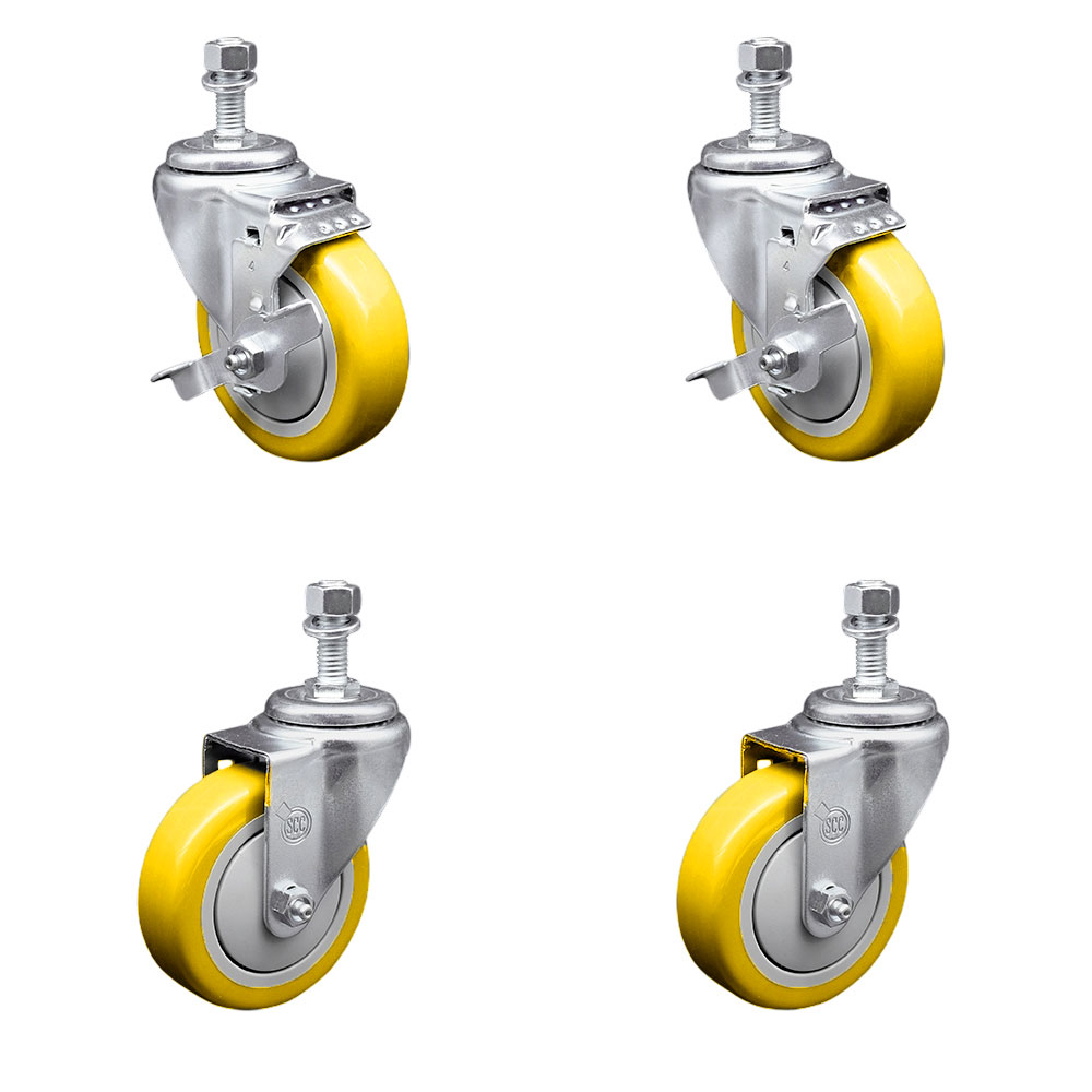 Stainless Steel Polyurethane Swivel Threaded Stem Caster with 4 x 1.25 in. Yellow Wheels & 0.5 in. Stems - Set of 4