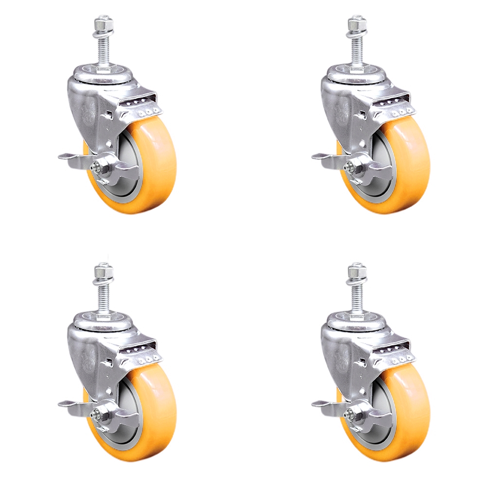 Stainless Steel Polyurethane Swivel Threaded Stem Caster with 4 x 1.25 in. Yellow Wheels & 0.38 in. Stems - Set of 4