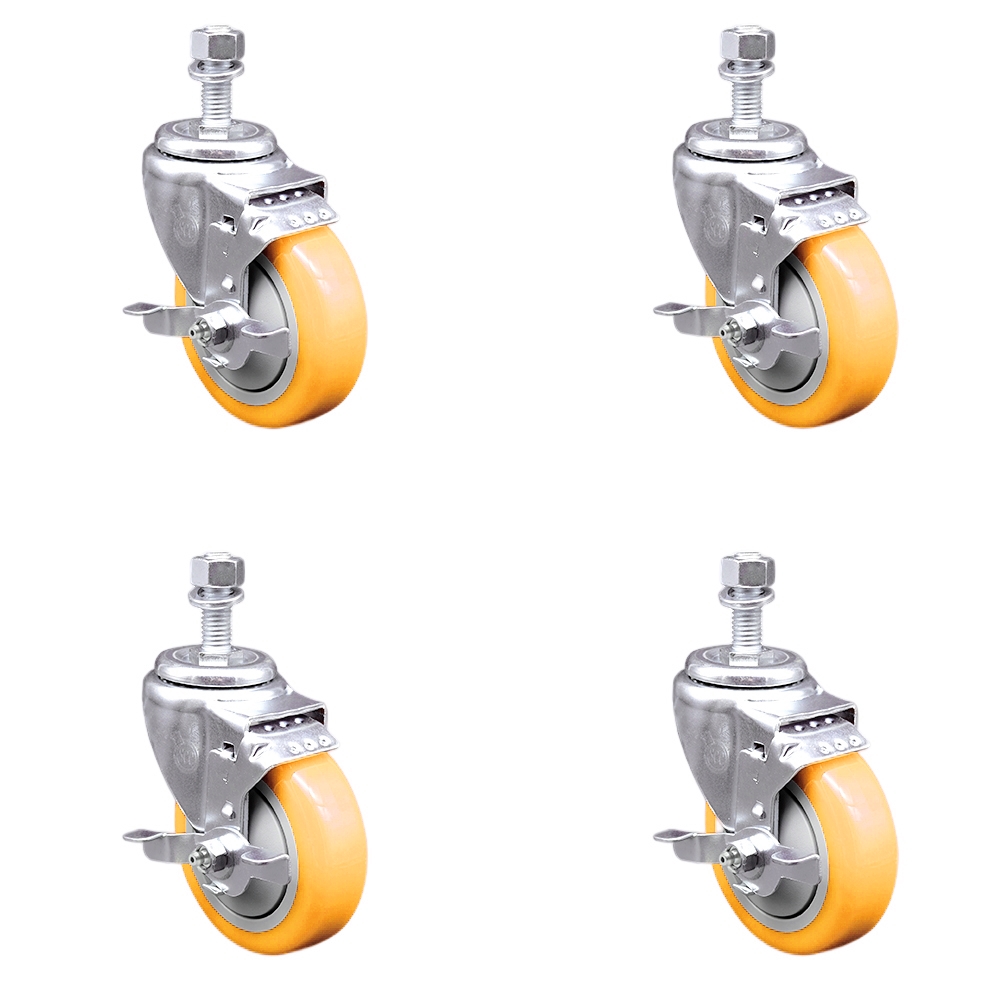 SCC-SSTS20S414-PPUB-YEL-TLB-M1215-4 Stainless Steel Polyurethane Swivel Threaded Stem Caster with 4 x 1.25 in. Yellow Wheels & 12 mm Stems - Set of 4