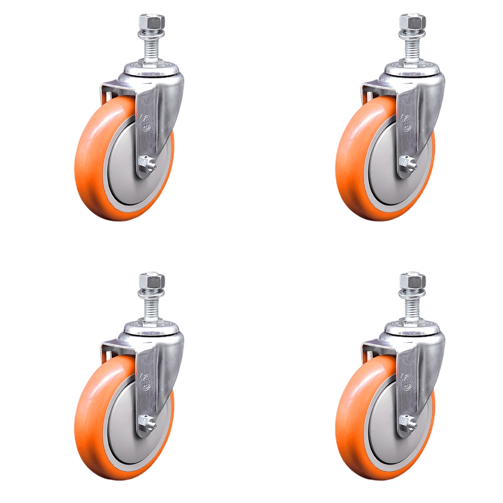 SCC-SSTS20S514-PPUB-ORG-121315-4 Stainless Steel Polyurethane Swivel Threaded Stem Caster with 5 x 1.25 in. Orange Wheels & 0.5 in. Stems - Set of 4