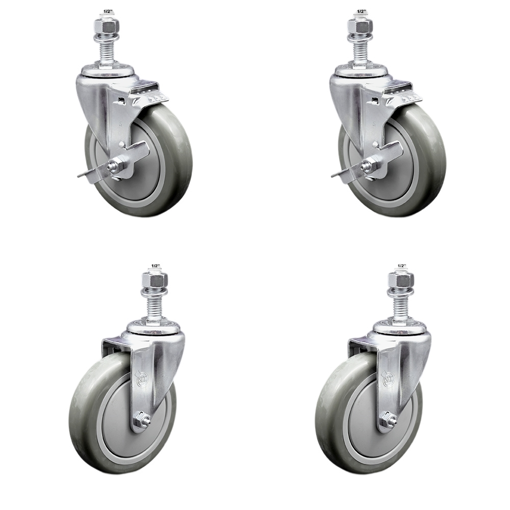 Stainless Steel Polyurethane Swivel Threaded Stem Caster with 5 x 1.25 in. Orange Wheels & 0.5 in. Stems - Set of 4