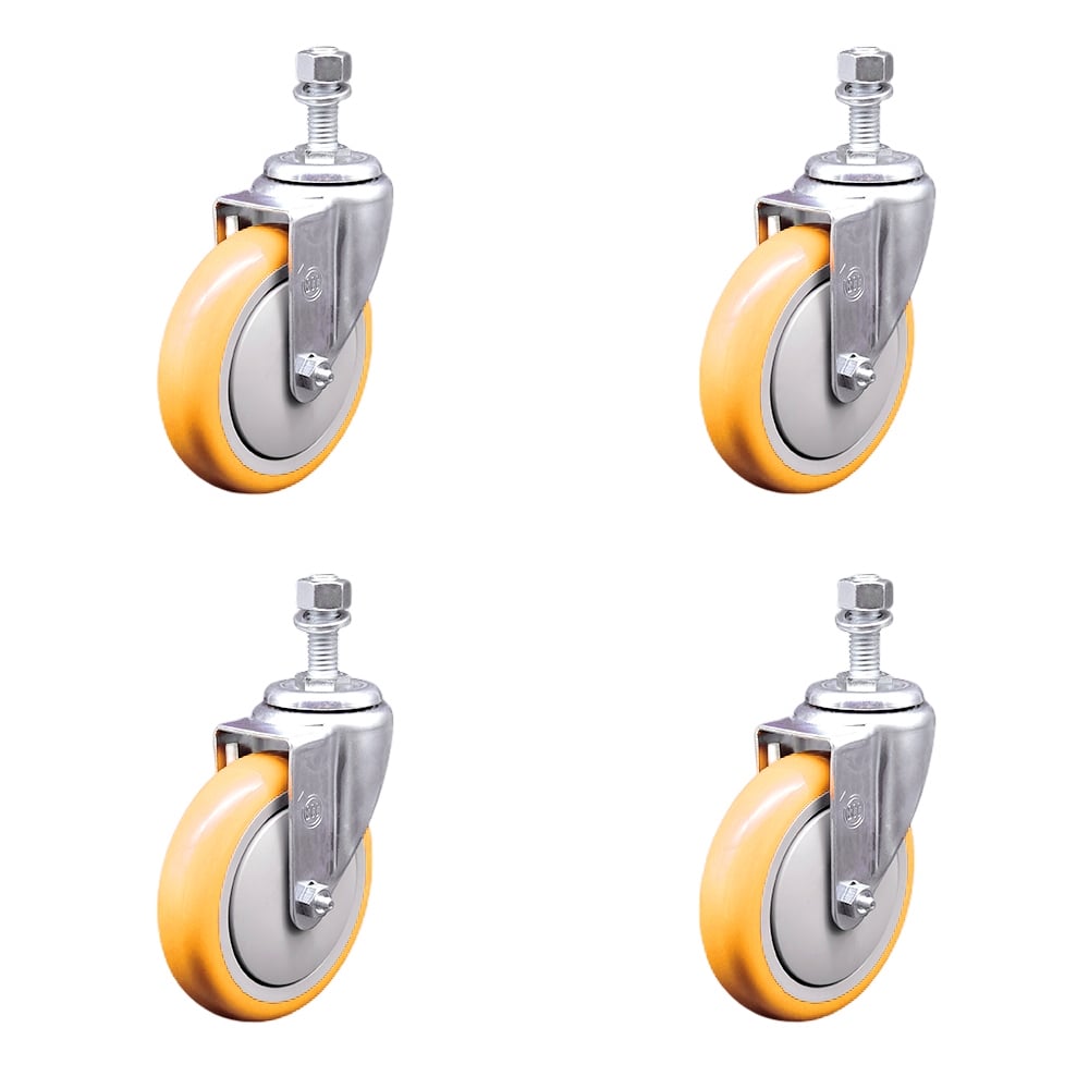 SCC-SSTS20S514-PPUB-YEL-M1215-4 Stainless Steel Polyurethane Swivel Threaded Stem Caster with 5 x 1.25 in. Yellow Wheels & 12 mm Stems - Set of 4
