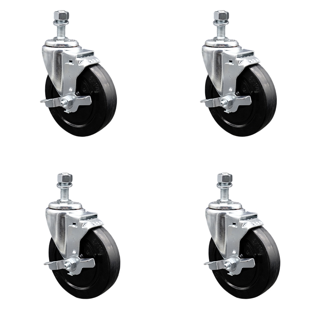 SCC-TS20S514-SRS-TLB-121315-4 Soft Rubber Swivel Threaded Stem Caster with 5 x 1.25 in. Black Wheels & 0.5 in. Stems - Set of 4