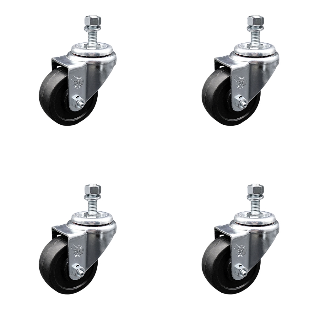 SCC-SSSSTS20S314-SRS-121315-4 Stainless Steel Soft Rubber Swivel Threaded Stem Caster with 3 x 1.25 in. Black Wheels & 0.5 in. Stems - Set of 4