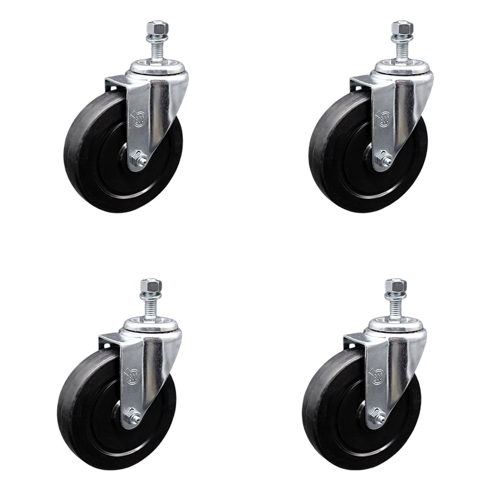 SCC-SSSSTS20S514-SRS-M1015-4 Stainless Steel Soft Rubber Swivel Threaded Stem Caster with 5 x 1.25 in. Black Wheels & 10 mm Stems - Set of 4