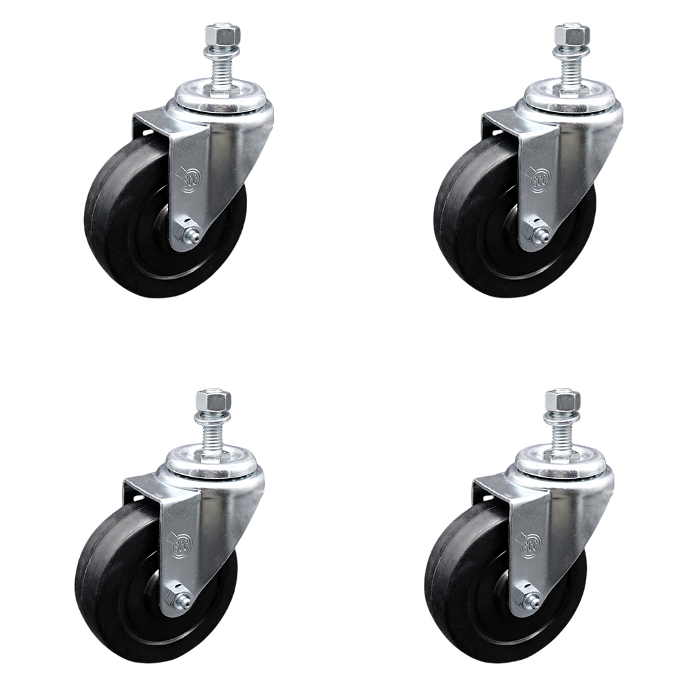 SCC-TS20S414-SRS-M1215-4 Soft Rubber Swivel Threaded Stem Caster with 4 x 1.25 in. Black Wheels & 12 mm Stems - Set of 4
