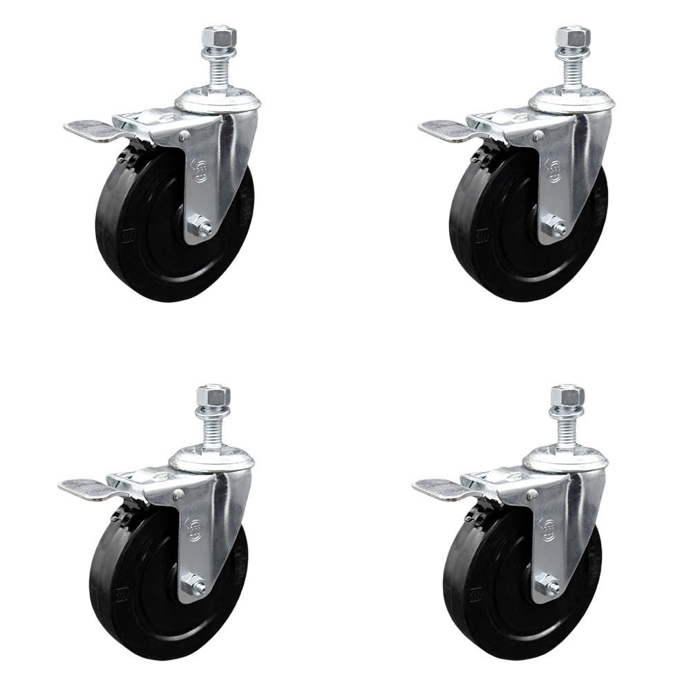 SCC-SSSSTSTTL20S514-SRS-M1215-4 Stainless Steel Soft Rubber Swivel Threaded Stem Caster with 5 x 1.25 in. Black Wheels & 12 mm Stems - Set of 4